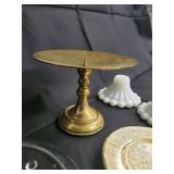 Brass Pedestal Cake Stand & Glass Candle Holders & Milk Glass Shades (Lot of 6)