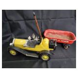 Vintage Yellow Tin Toy Car & Red Radio Flyer Wagon - Beam 100 Months Old Plaque Inside