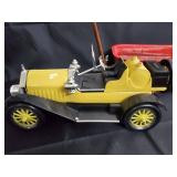 Vintage Yellow Tin Toy Car & Red Radio Flyer Wagon - Beam 100 Months Old Plaque Inside