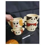 Mugs - Stacking Ceramic Face Cups With Ears - Made In Japan (Lot Of 4)