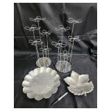 Silver-Tone Wire Topiary Stands, Floral-Engraved Round Plate & Leaf Dish (Lot of 4)