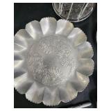 Silver-Tone Wire Topiary Stands, Floral-Engraved Round Plate & Leaf Dish (Lot of 4)