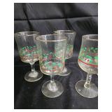 Clear Glass Goblets - Set of 9 with Red and Green Floral Border, Gold Rim