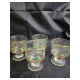 Clear Glass Goblets - Set of 9 with Red and Green Floral Border, Gold Rim