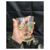 Clear Glass Goblets - Set of 9 with Red and Green Floral Border, Gold Rim