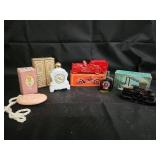 Vintage Mantel Clock, Tussy Soap Medallion, Oval Soap, Red Fire Engine, Aftershave Bottle