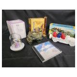 Glass Bell Dome Figurine with Lavender Gown, Antique Train Toys & Avon CD Set