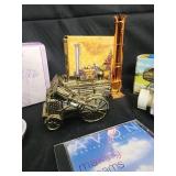 Glass Bell Dome Figurine with Lavender Gown, Antique Train Toys & Avon CD Set