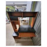 Wood Desk with Hutch and Black Laminate Top, Built-In Shelving