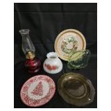 Vintage Christmas Tableware & Decor - Oil Lamp, Rose Vase, A Country Christmas Plate, Green Glass Plate, Tree Plate, Amber Plate