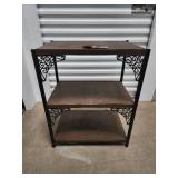 Three-Tier Wood & Iron Shelf with Decorative Scrollwork Brackets