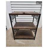Three-Tier Wood & Iron Shelf with Decorative Scrollwork Brackets