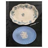Porcelain Plate Pair: White Transferware Oval Plate with Blue Border & Blue Center Plate