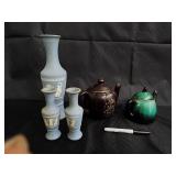 Made in Japan Ceramic Vase Set - Celadon Blue Vases (3) & Brown Floral Teapot & Green Teapot