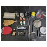 Vintage Kitchen Tools Lot - Red Digital Scale, Grater, Skewers, Shakers, Osterizer