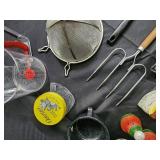 Vintage Kitchen Tools Lot - Red Digital Scale, Grater, Skewers, Shakers, Osterizer