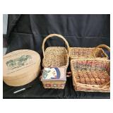 Vintage Wicker Baskets Set with Round Cheese Box & Snowman Tin - Farmhouse Decor