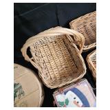Vintage Wicker Baskets Set with Round Cheese Box & Snowman Tin - Farmhouse Decor