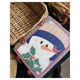 Vintage Wicker Baskets Set with Round Cheese Box & Snowman Tin - Farmhouse Decor