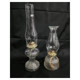 Vintage Clear Glass Hurricane Oil Lamps - Brass Burners (Pair)