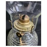 Vintage Clear Glass Hurricane Oil Lamps - Brass Burners (Pair)