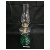 Vintage Green Glass Hurricane Oil Lamp with Brass Burner & Clear Chimney