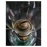 Vintage Green Glass Hurricane Oil Lamp with Brass Burner & Clear Chimney