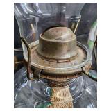 Vintage Green Glass Hurricane Oil Lamp with Brass Burner & Clear Chimney