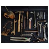 Vintage Hand Tools Lot - Wrenches, Pliers, Hammer, Oil Can & Chain