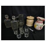 Crystal Cut-Glass Decanter Pair with Stoppers, Glass Tumblers & Ceramic Pitchers