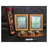 Bird of Paradise Prints in Oak Frames with Vintage Glassware Cabinet