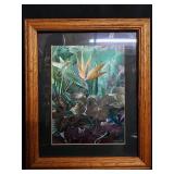 Bird of Paradise Prints in Oak Frames with Vintage Glassware Cabinet
