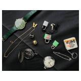 Vintage Pocket Watches & Jewelry Lot - Green Strap Watch, Locks, Necklace