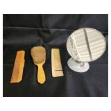 Vintage Vanity Mirror with Floral Ceramic Base & 3 Yellow Hair Tools - 4-Piece Set