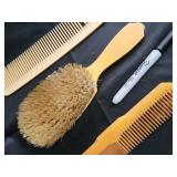 Vintage Vanity Mirror with Floral Ceramic Base & 3 Yellow Hair Tools - 4-Piece Set