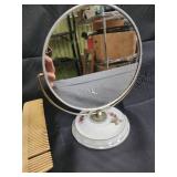 Vintage Vanity Mirror with Floral Ceramic Base & 3 Yellow Hair Tools - 4-Piece Set