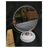 Vintage Vanity Mirror with Floral Ceramic Base & 3 Yellow Hair Tools - 4-Piece Set