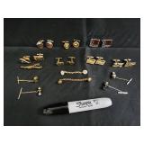 Assorted Gold-Tone Costume Jewelry - Cufflinks, Earrings, Tie Clips & Bracelet