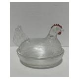 7" Clear Glass Hen on Nest with Red Comb