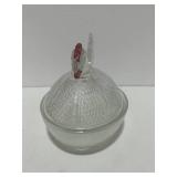 7" Clear Glass Hen on Nest with Red Comb