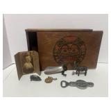 Vintage Slide Top Box with Misc Treasures: Old Photo, Metal Donkey, Shoe Horn, Metal Pig, World