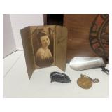 Vintage Slide Top Box with Misc Treasures: Old Photo, Metal Donkey, Shoe Horn, Metal Pig, World