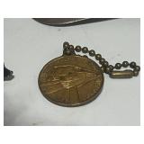 Vintage Slide Top Box with Misc Treasures: Old Photo, Metal Donkey, Shoe Horn, Metal Pig, World