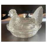 5.5" Clear Glass Hen on Nest Small chip in inside rim