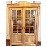 Vintage Display Cabinet - Wood Two-Door Glass-Front with Red Shelves