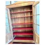 Vintage Display Cabinet - Wood Two-Door Glass-Front with Red Shelves