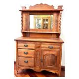 Antique Oak Hutch with Mirror Back & Carved Columns Sideboard