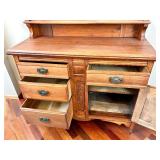 Antique Oak Hutch with Mirror Back & Carved Columns Sideboard
