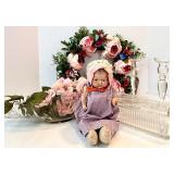 Antique Porcelain-Head Doll in Purple Gingham Dress & Orange Ribbon, Vintage Refrigerator Glass Butter Dish & Wreath