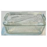 Antique Porcelain-Head Doll in Purple Gingham Dress & Orange Ribbon, Vintage Refrigerator Glass Butter Dish & Wreath